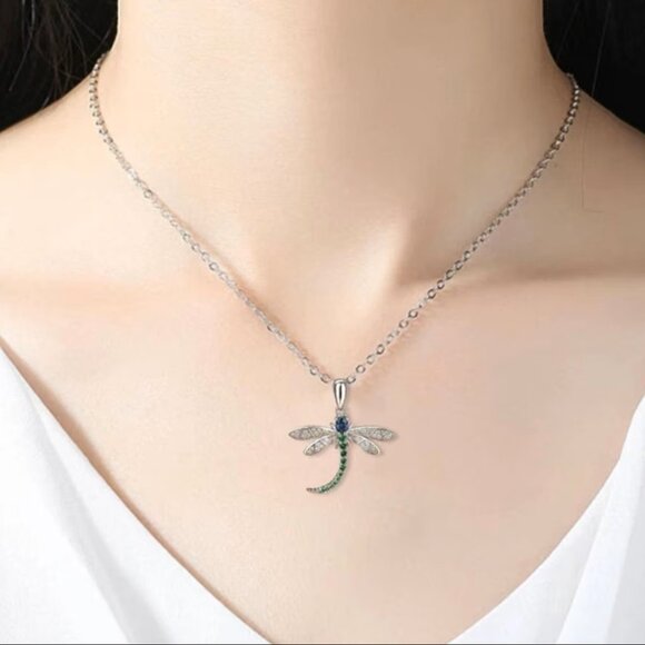 Dragonfly Insect Blue Green and CZ Silver Fashion Pendant Necklace NWOT - Picture 8 of 13
